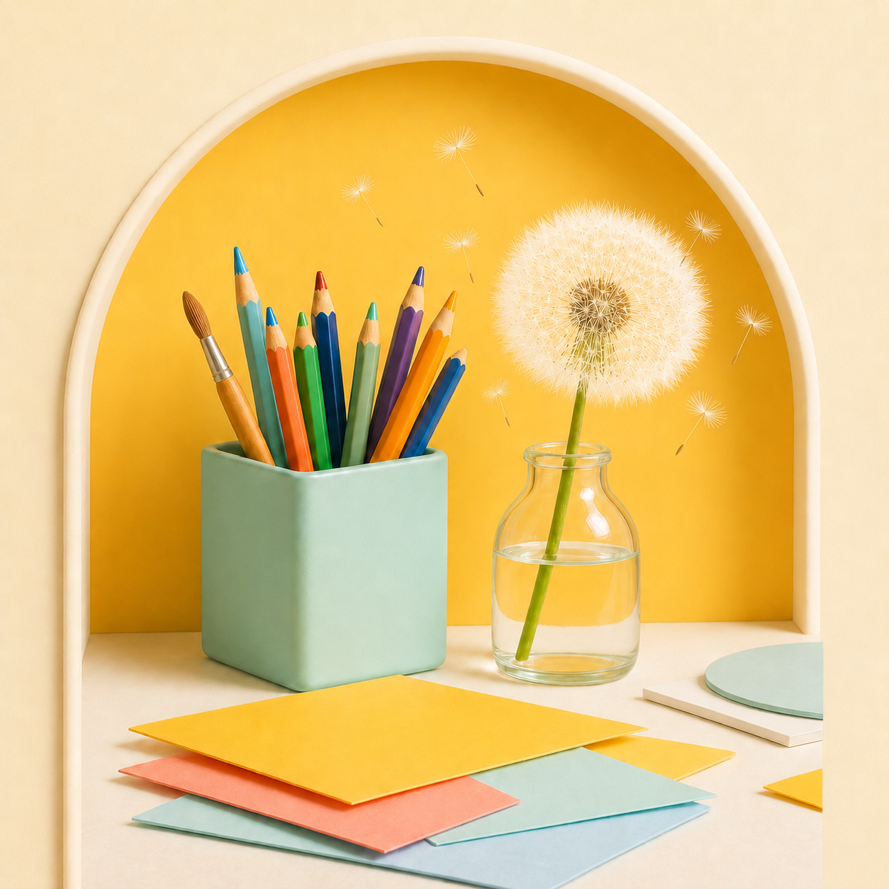 Buntstifte, Bastelpapier und eine Pusteblume in einem kleinen Glas